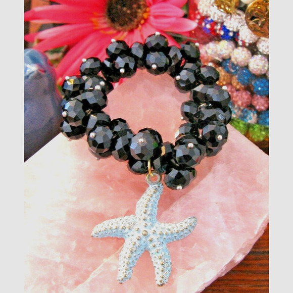 Unbranded Jewelry - New Black Austrian Crystal Cuff Beaded Beachy Bracelet w/ Rustic Starfish Charm